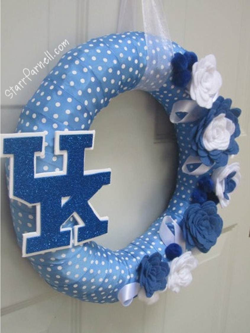 University of Kentucky Wreath UK Blue White Polkadot Ribbon Fall Rose Style Felt Flower 12"