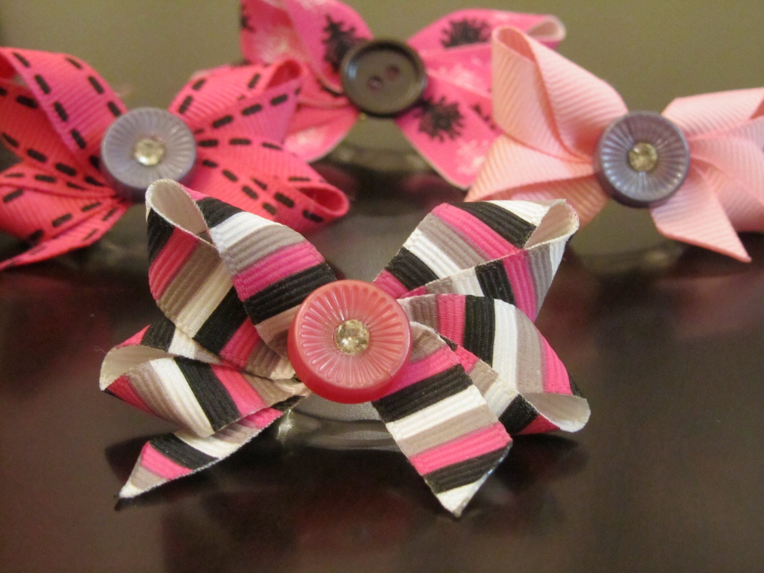 Pinks and Grays Set of 2 Ribbon Barrette Bows for Children or Pets - Fall Collection