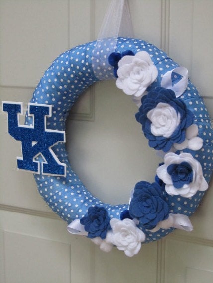 University of Kentucky Wreath UK Blue White Polkadot Ribbon Fall Rose Style Felt Flower 12"