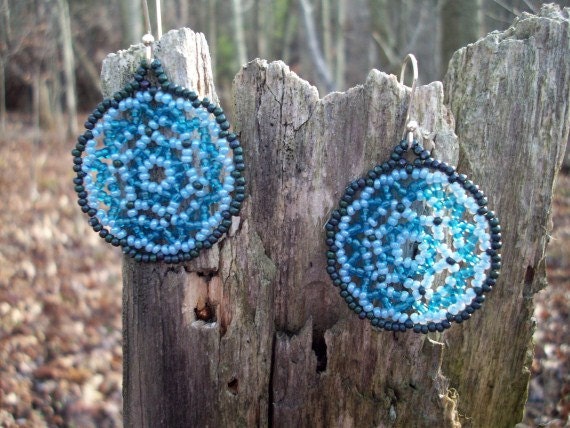 Huichol Lace Mandala Beaded Earrings, Teal, Blue, Light Blue, Quiet Storm, Native American Inspired, Web Weaving, Geometric Circles - RaptorRidgeOriginals