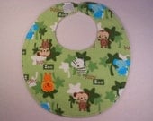 Baby Bibs, four soft layers, reversible, green with baby zoo animals