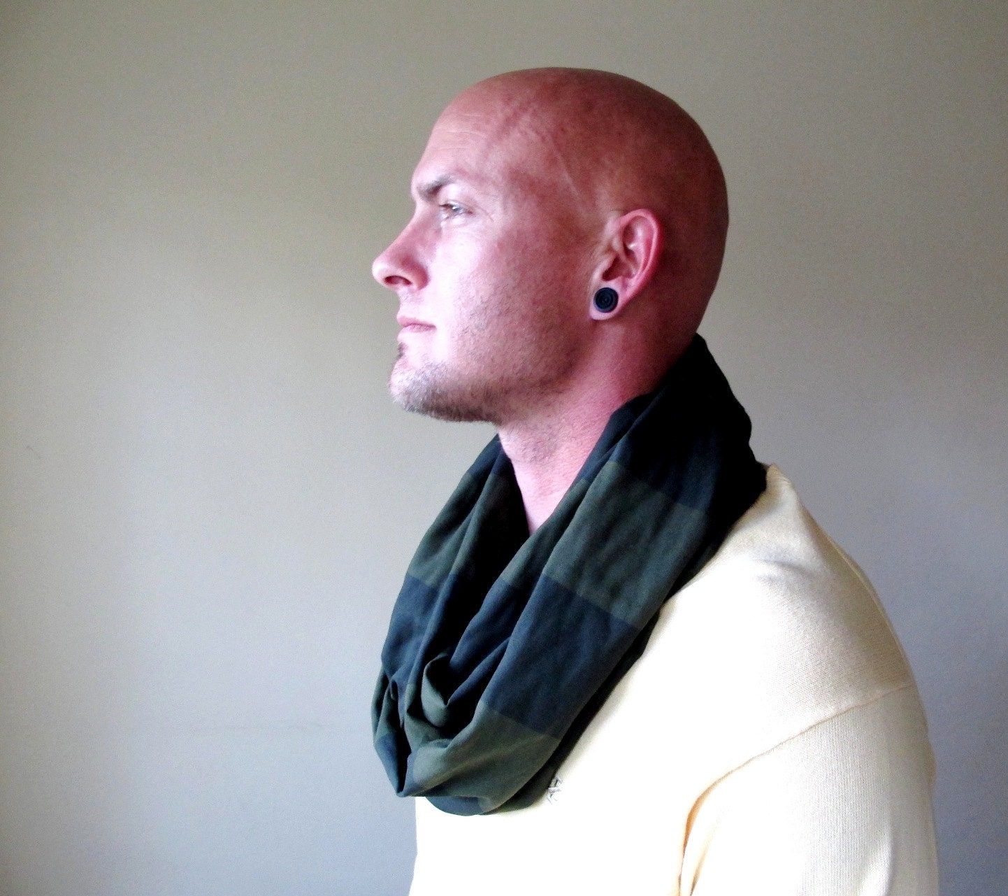 Mens Infinity Scarf - Striped Infinity Loop Scarf - Olive Green, Black Stripes - Eco Friendly