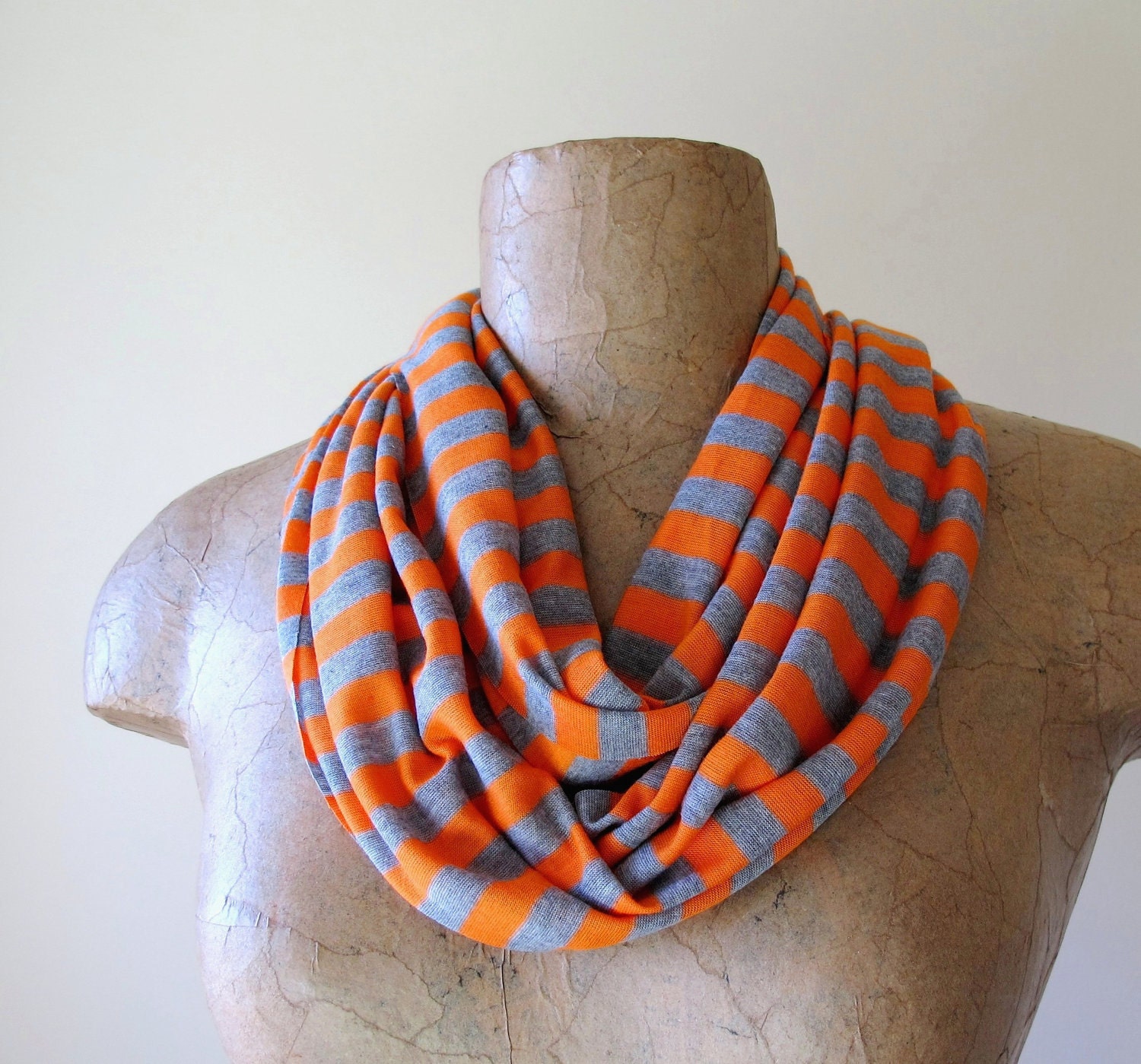 Striped Scarf - Lightweight Striped Skinny Scarf - Orange, Heather Gray Stripes