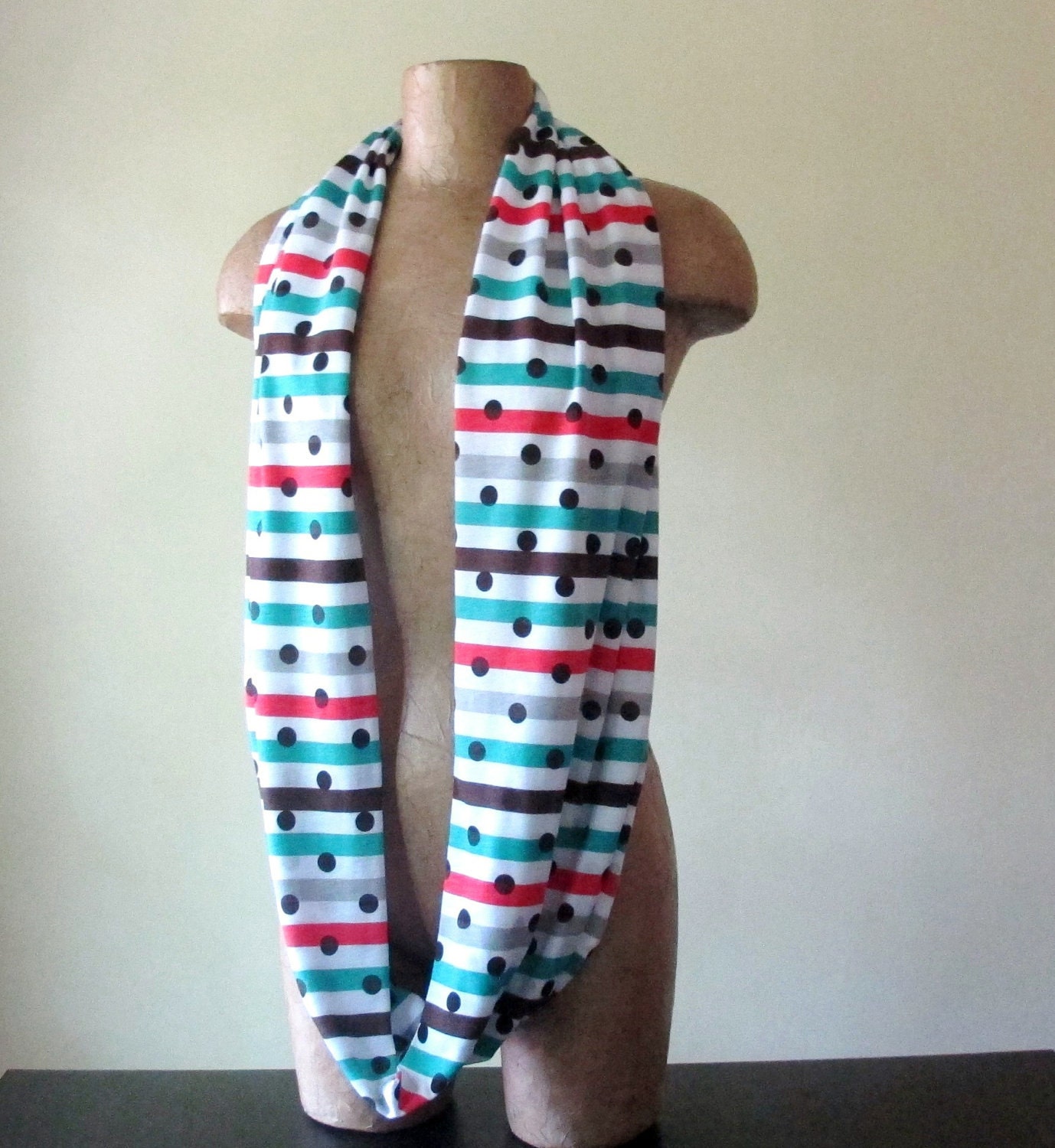 Polka Dot Infinity Scarf - Stripes and Polka Dots Scarf - Handmade LightWeight Cotton Infinity Scarves