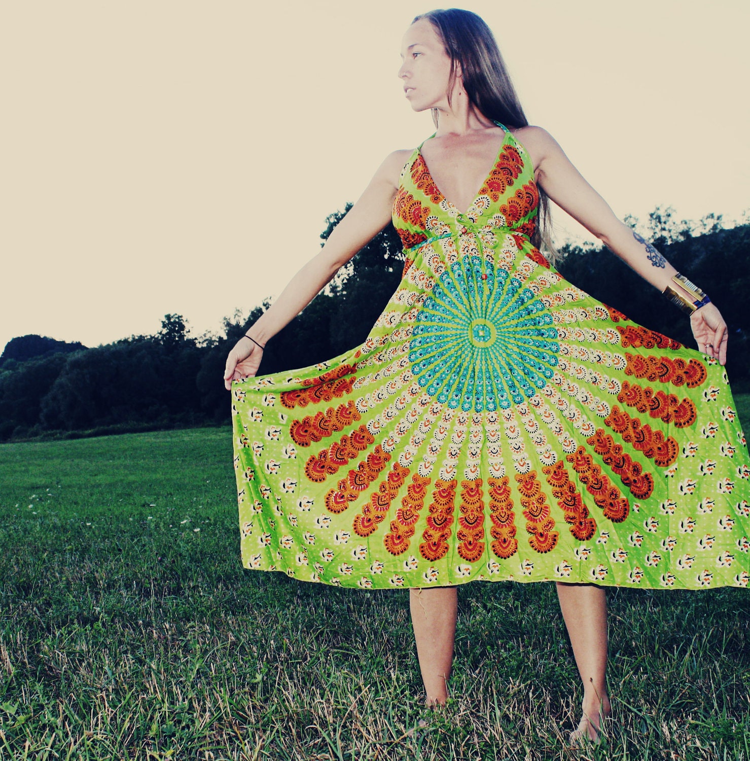 Handmade Hippie Dress, Green, Bohemian Dress,  Tapestry, Sundress, Scarf Dress, Chakra Dress, Fairy Dress, Organic Dress