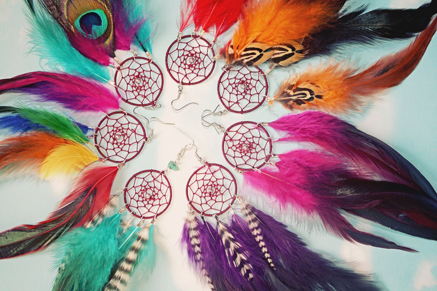 Handmade Dream Catcher Feather Earring Extra Long 8-9 inches, You Choose Feather Symbolism, Grizzly Rooster Hair Feathers