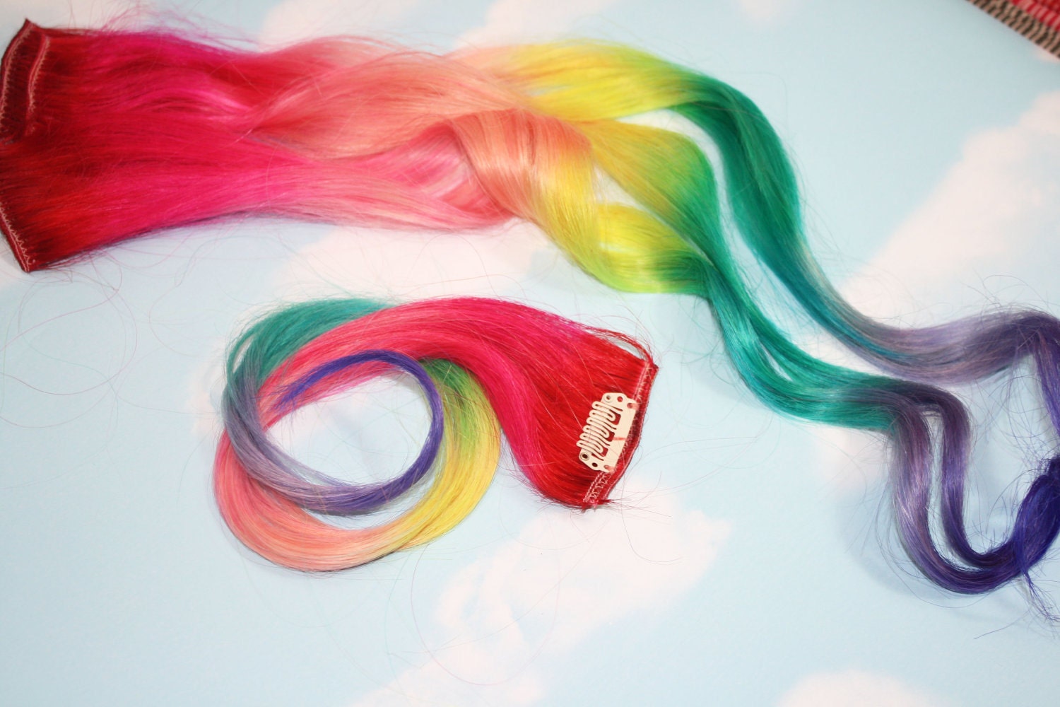 Rainbow Human Hair Extensions. Colored Hair Extension Clip, Hair Wefts, Clip in Hair, Tie Dye Hair Extensions, Dip Dyed Hair