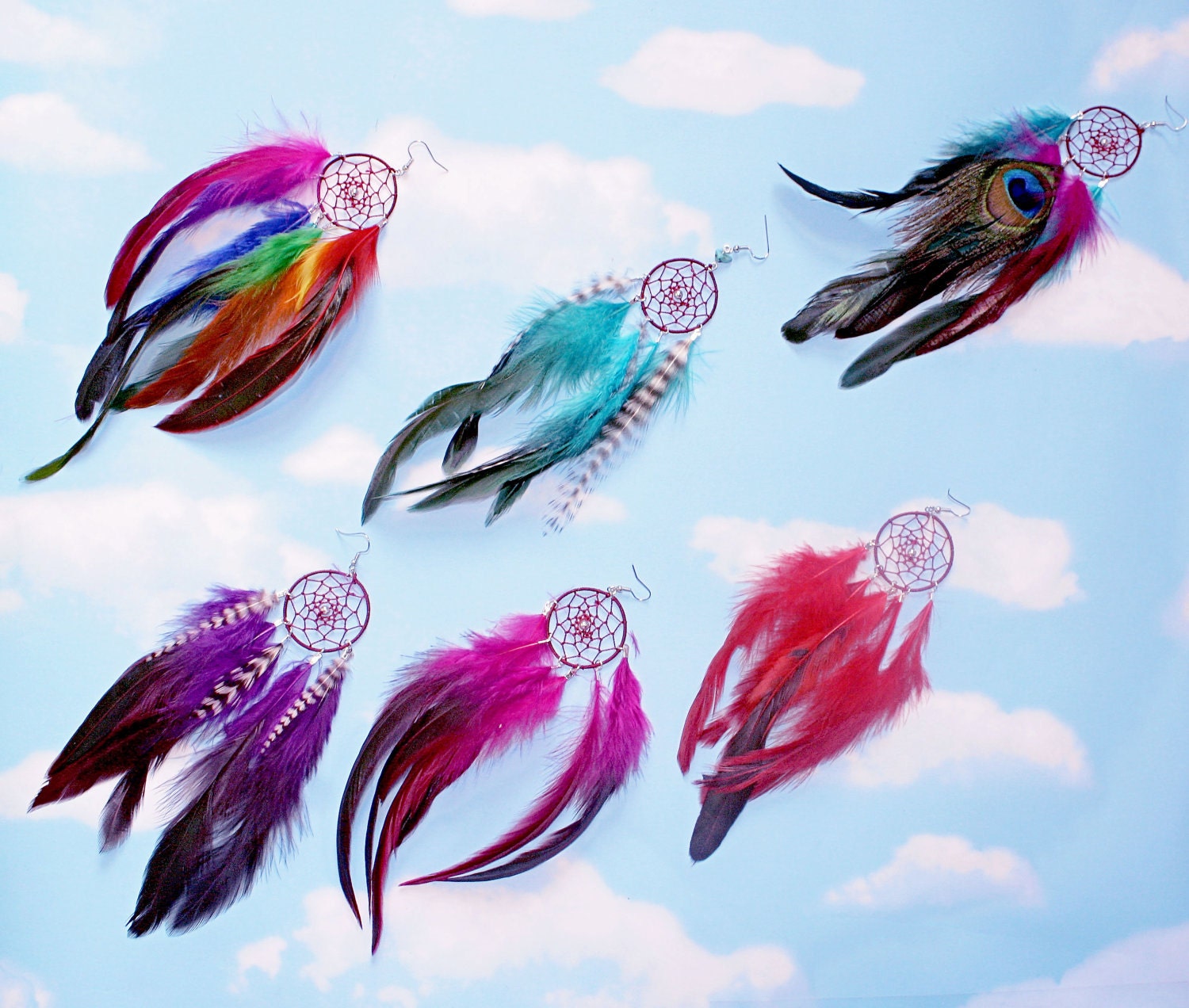 Handmade Dream Catcher Feather Earring Extra Long 8-9 inches, You Choose Feather Symbolism, Grizzly Rooster Hair Feathers