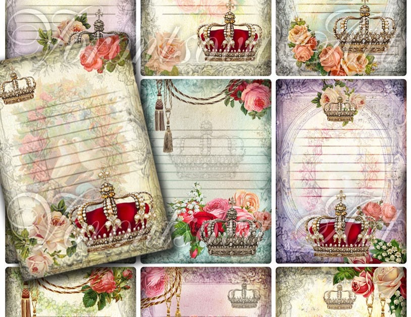 QUEEN royal crown roses tags. Digital Collage Sheet. Printable download images. 907