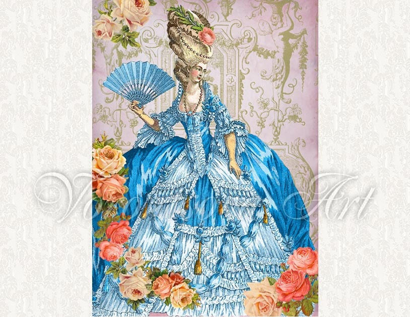 Rococo french blue Marie Antoinette. Digital Collage Sheet for paper, card, invitations, gift tags. Printable file download. 032