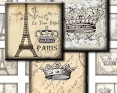 Paris Graphic Shabby. Crown Eiffel tower 1x1 inch square tiles. Digital Collage Image sheet for scrabble tiles, resin pendants. 311