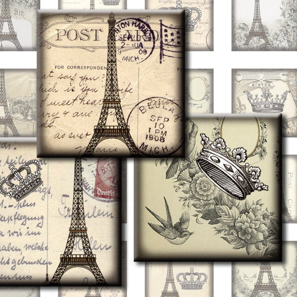 Classic Paris cream. Eiffel tower Crown Shabby 1x1 inch square tiles. Digital Collage Image sheet for scrabble tiles, resin pendants. 304