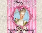 Marie Antoinette stripe french CHIC. Printable postcards set. Digital Collage Image for paper shop labels, gift tags. 080