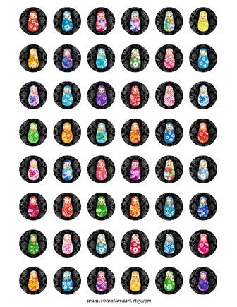 Matryoshka doll Black damask 1 inch Circle image Matrioshka Bottlecap Babushka Russian Dolls. Digital Collage Sheet Printable download. 8206