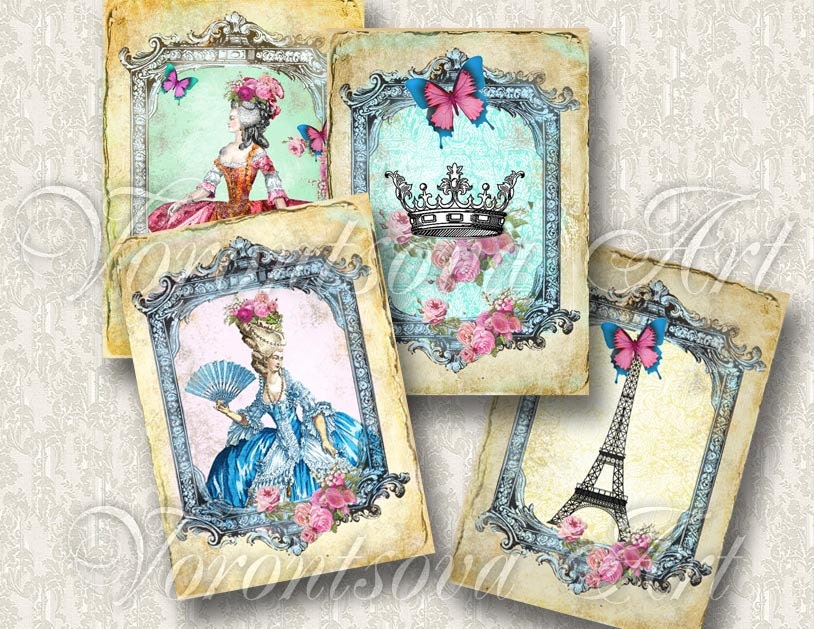 VINTAGE gift tags. Eiffel Tower - Paris - Marie Antoinette - Digital Collage Sheet Printable. invitations, scrapbooking, bookmarks 918