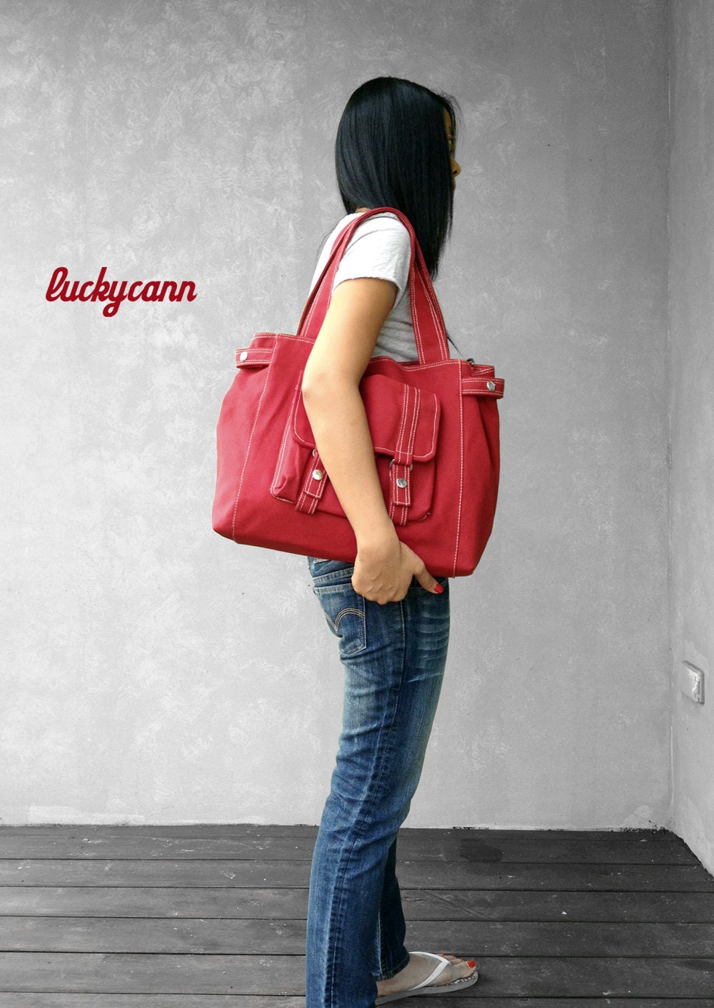 Fathers day sale CARSON // Dark Red // 033 // Luckycann // Handmade / /Everyday Canvas Bag // Sale