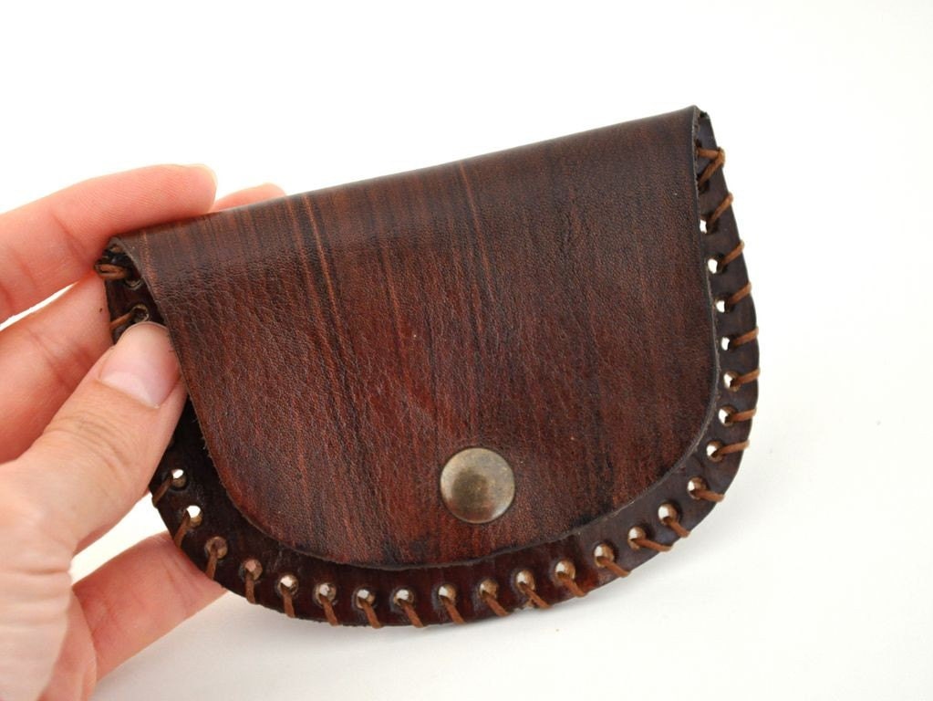 Leather Coin Purse Hand Stitched Handmade Dark Brown