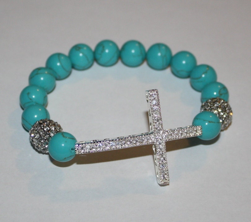 Sterling Silver Sideways Cross Bracelet with Pave CZ Crystal Beads - Celebrity Inspired