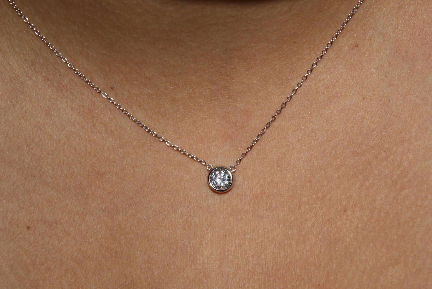 Bezel Set Solitaire Necklace -CZ Solitaire Necklace -  Silver Minimalist Crystal Necklace