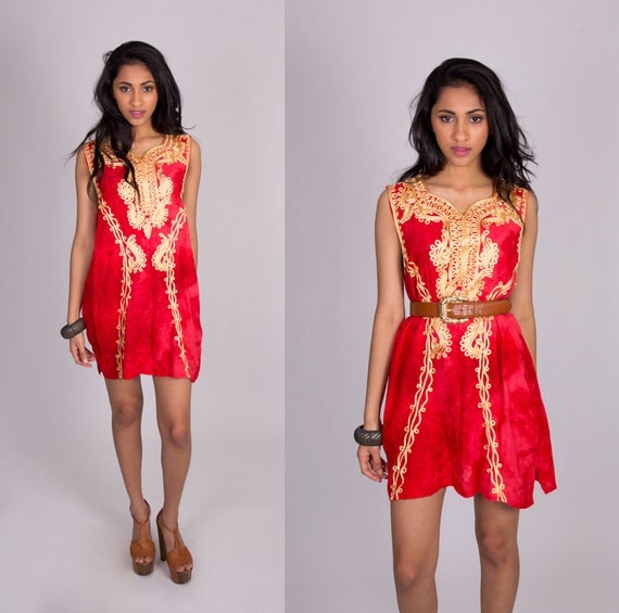 Vintage Red Indian Dress with Gold Embroidery Size Medium