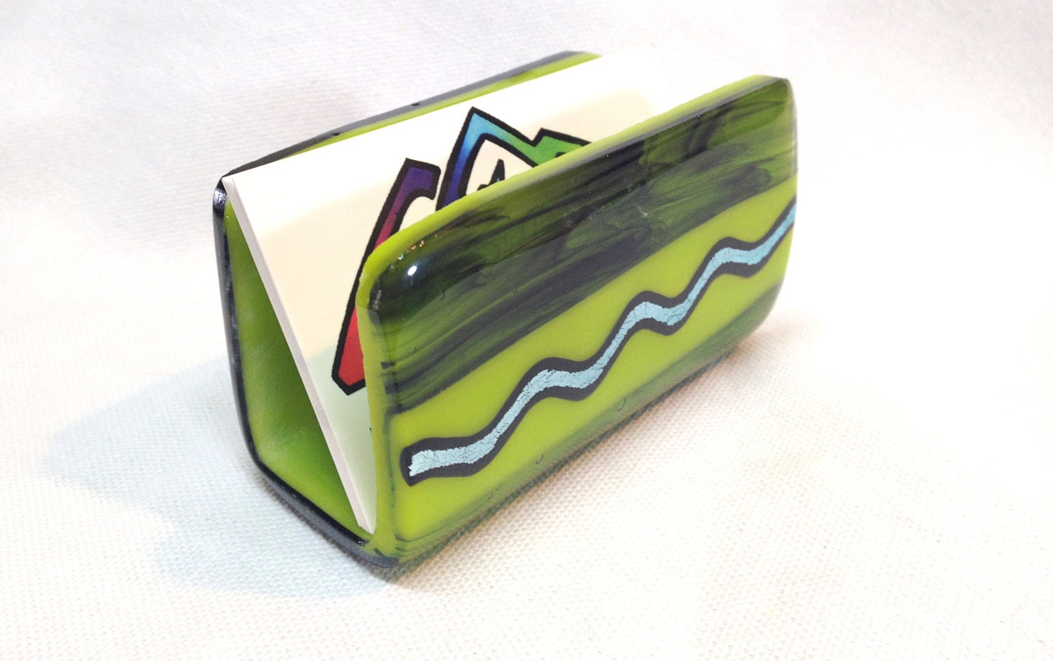 Fused Glass Business Card Holder Green and Black and Silver   445