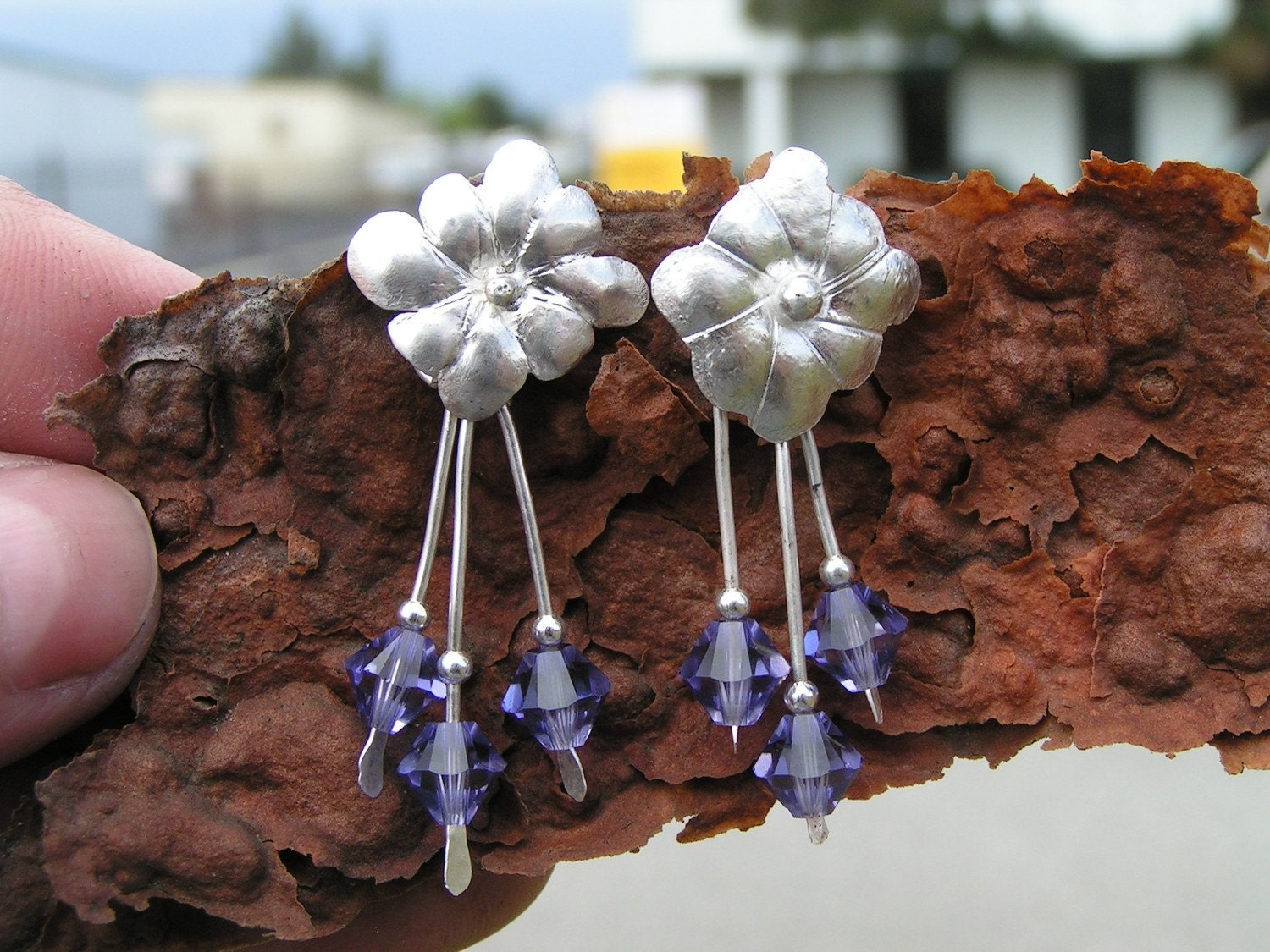 Sterling Silver flower earrings with  Swarovski crystals.  Made to order.