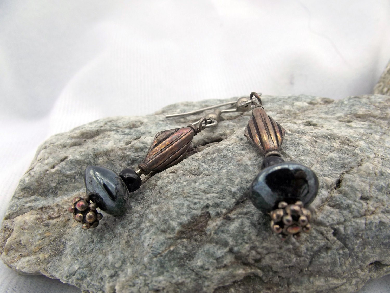 Sterling Silver Black Hematite Beaded  Dangle Earrings Black Statement Jewelry 105