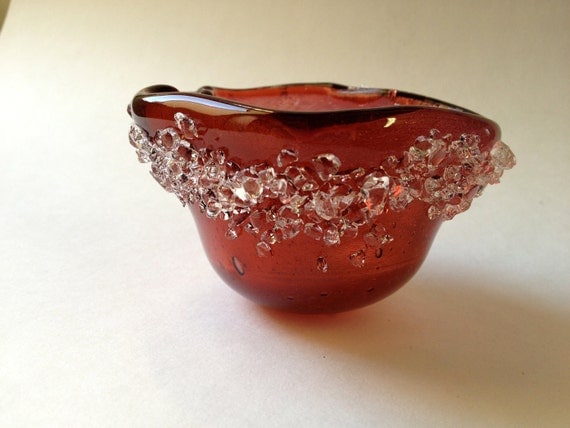 Fused  Dichroic Glass Candle Holder Coppery  Red  Tea Light  Candle Holder Crystals Small Dish 287