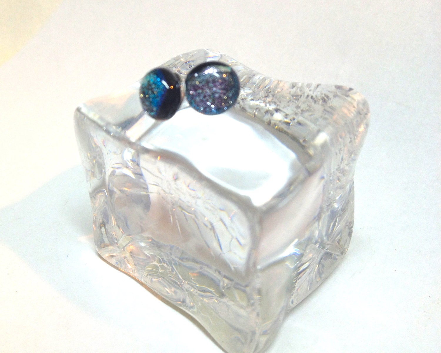 Dichroic Glass Post Earrings Teeny Tiny Fused Glass Pierced Earrings Jewelry Icy Silver Blue 155