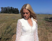 Long Sleeves, Lace, White, 1970s, Vintage Wedding Dress - Lauren