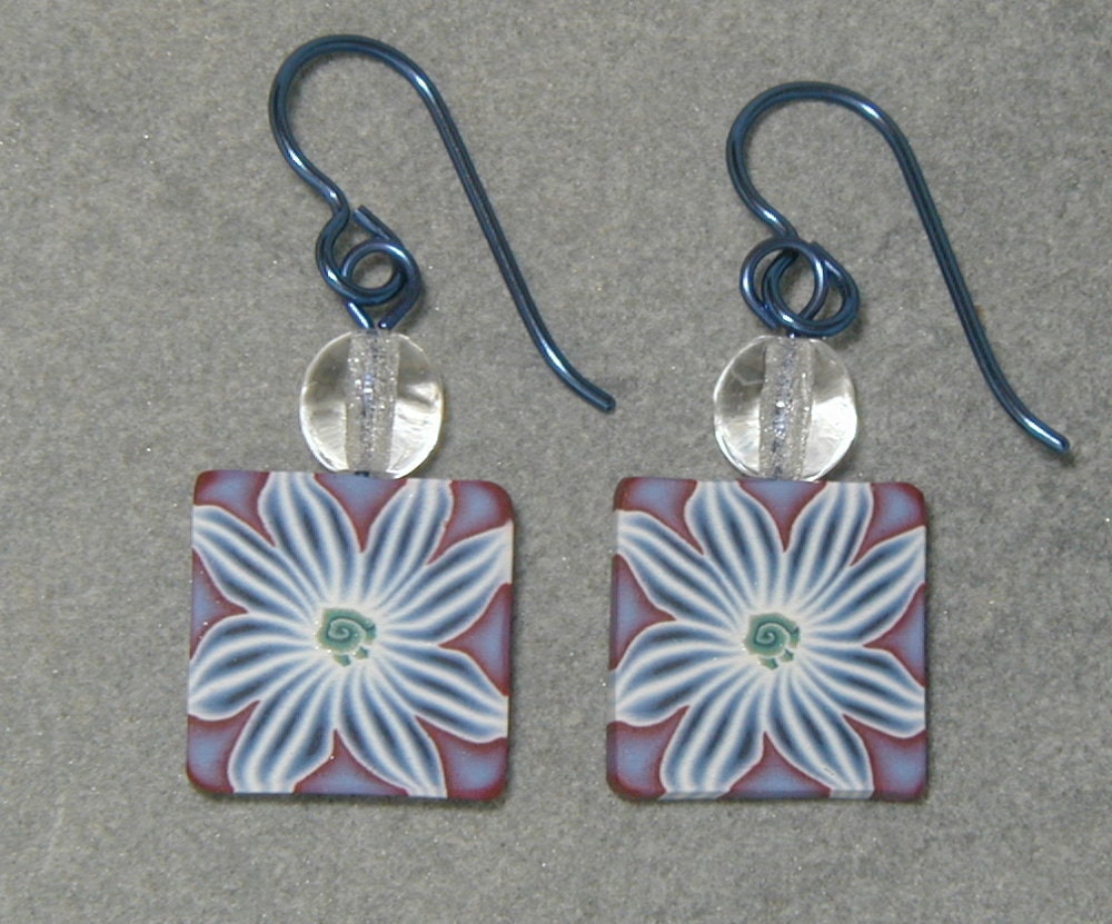 Square Blue Flower Polymer Clay Earrings