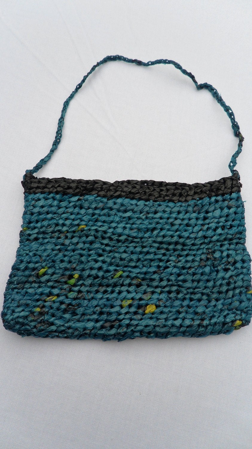 Crocheted Plastic Grocery Bag Purse - Blue & Black