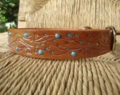 Custom Size Embossed 1 1/4" Brown Leather Dog Collar.  Flowering Vine Design.  Size Mediium or Large.