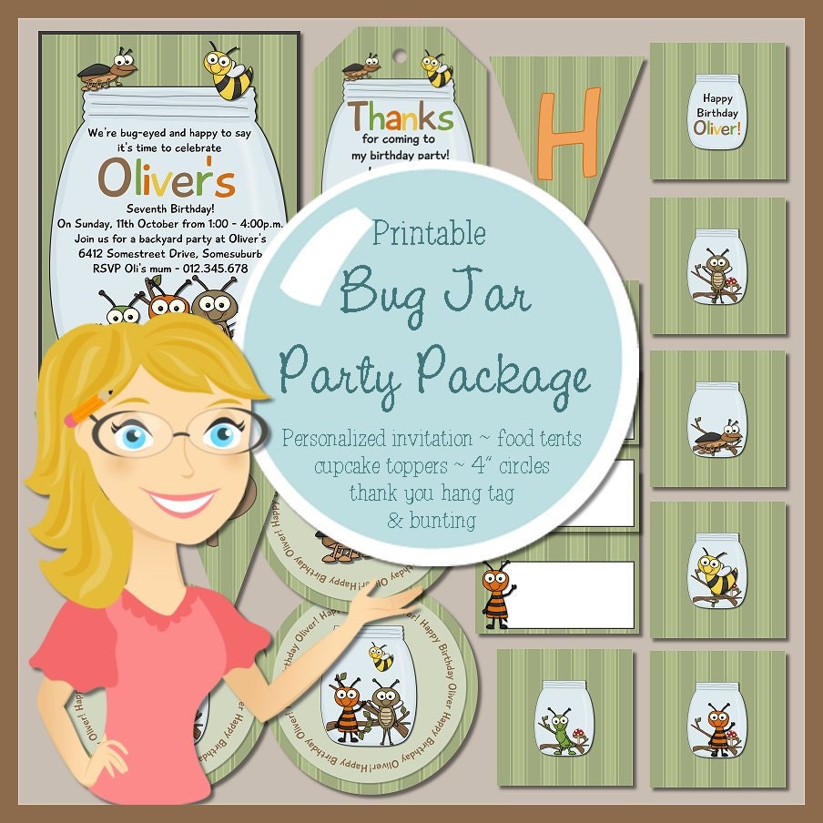 Bug Jar - printable party package - invitation, bag tag, toppers, food tents, 4 inch circles and triangular bunting. Il_570xn