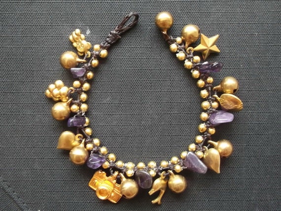 Thai handmade bracelet amethyst stone and cute brass pendant on mothers day
