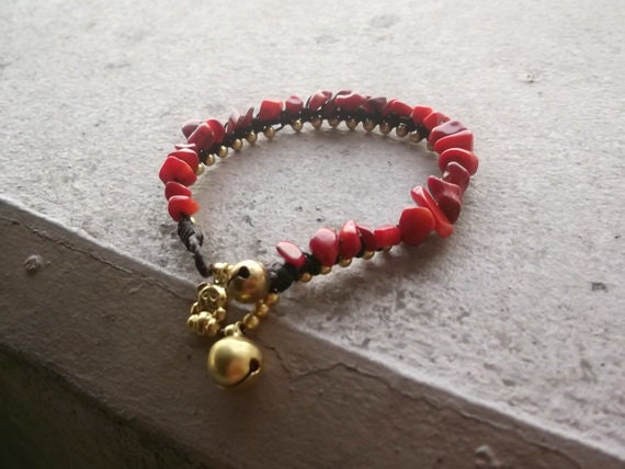 Red coral nugget shape wax rope brass bracelet
