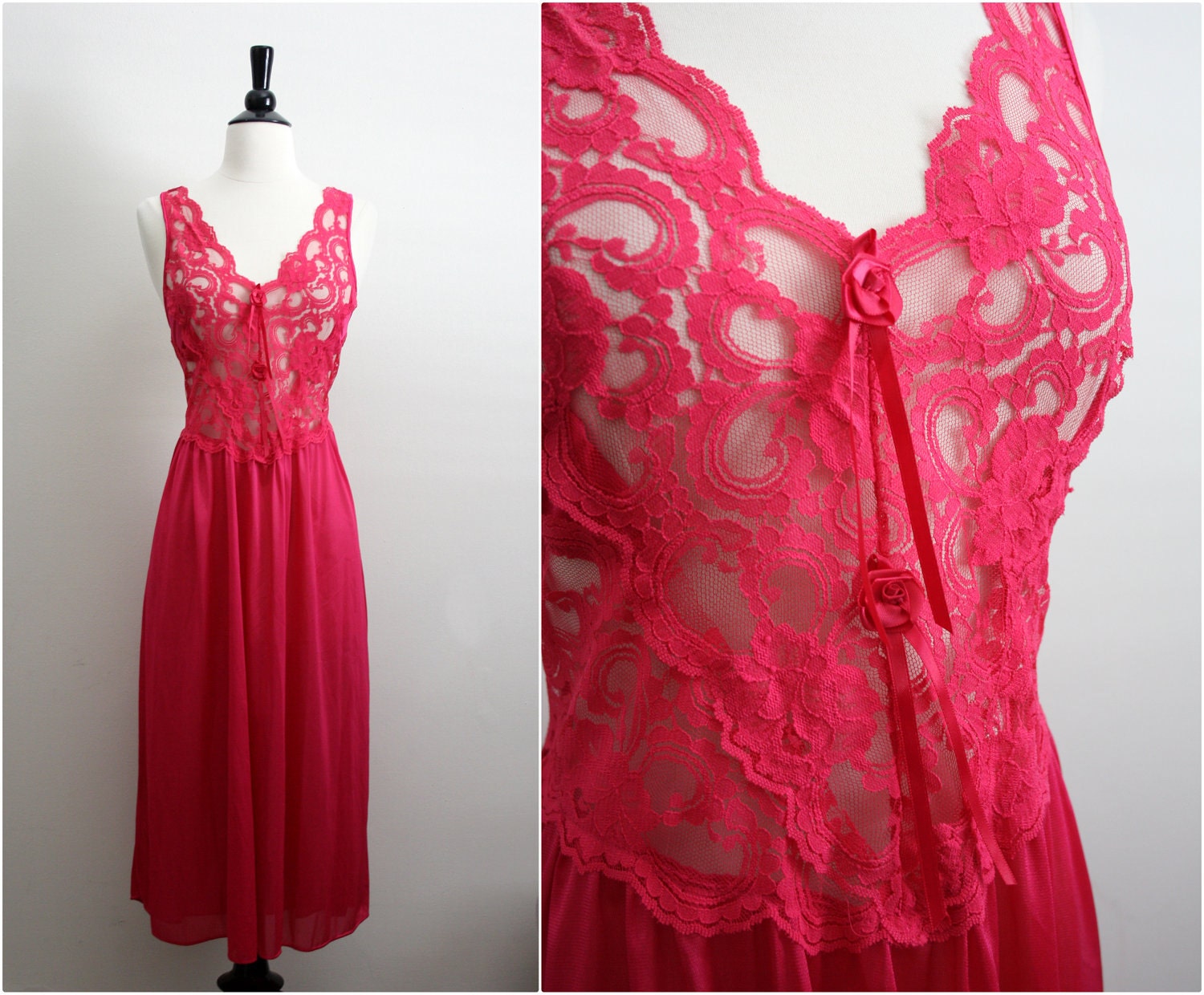 Vintage 80s Hot Pink/ Fuchsia Summer lace Slip Dress. Size S/M