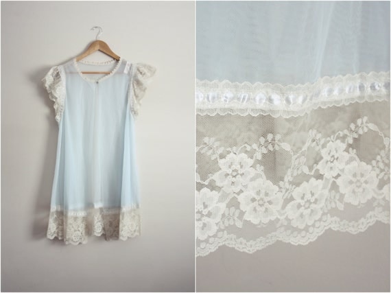 Vintage 50s Mod Sky Blue Sheer Peignoir Nightgown lace Robe. One Size
