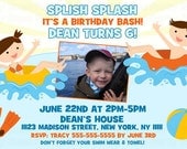 Pool Party Splish Splash Birthday Invitation - Digital File -  You Print - Customized