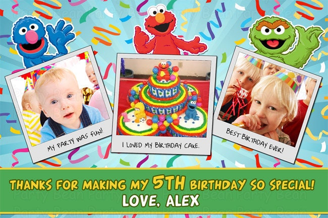 3 Photo Birthday Party Thank You Card - Sesame Street Elmo Big Bird Oscar - Digital File - You Print - Customized with your party photos