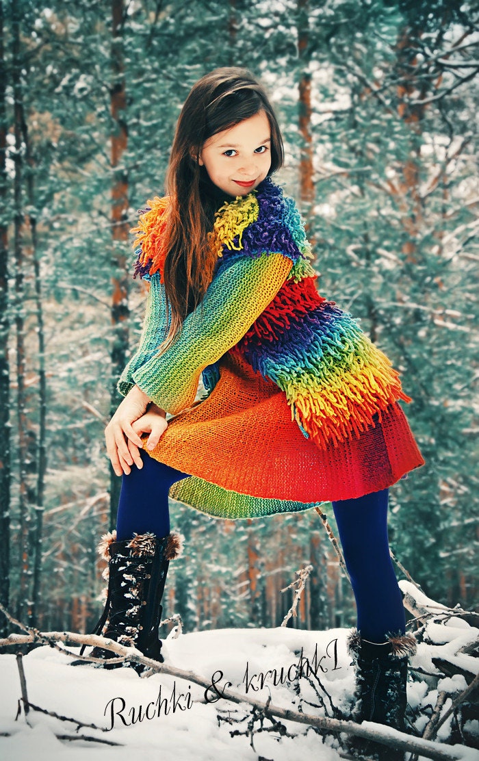Designer knitted girl boho style gypsy mini dress "Siberian winter rainbow" in natural sheep wool