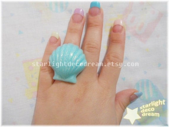 Mint Green Seashell Adjustable Resin Ring
