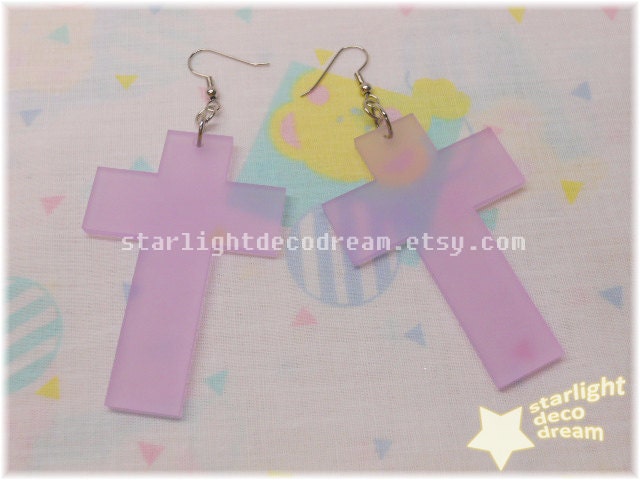 Large Frosted Dreamy Lavender Laser Cut Acrylic Cross Earrings for Cult Party Kei or Fairy Kei
