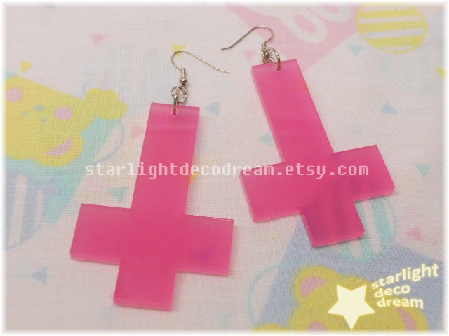 Large Frosted Candy Pink Laser Cut Acrylic Inverted Cross Earrings for Cult Party Kei or Fairy Kei