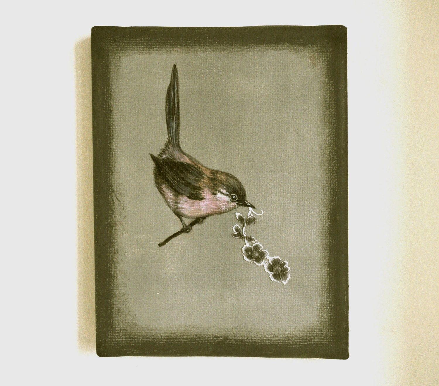 Spring trend Garden bird Original painting  mixed media collage. Mothers day gift
