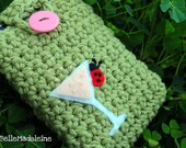Cell Phone Case, Ladybug Pink Martini, crochet removeable strap, iphone, ipod, android - Olive Green