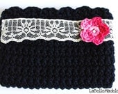 Crochet navy pouch with pink flower, elegant, vintage lace