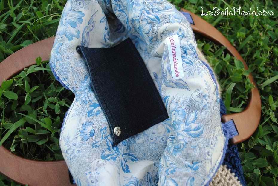 Crochet Granny Squares Tan and Blue Bag, purse, handbag with organza flower