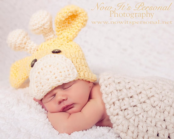 Crochet Giraffe Baby Hat - Newborn to 3 Months - Photography Prop