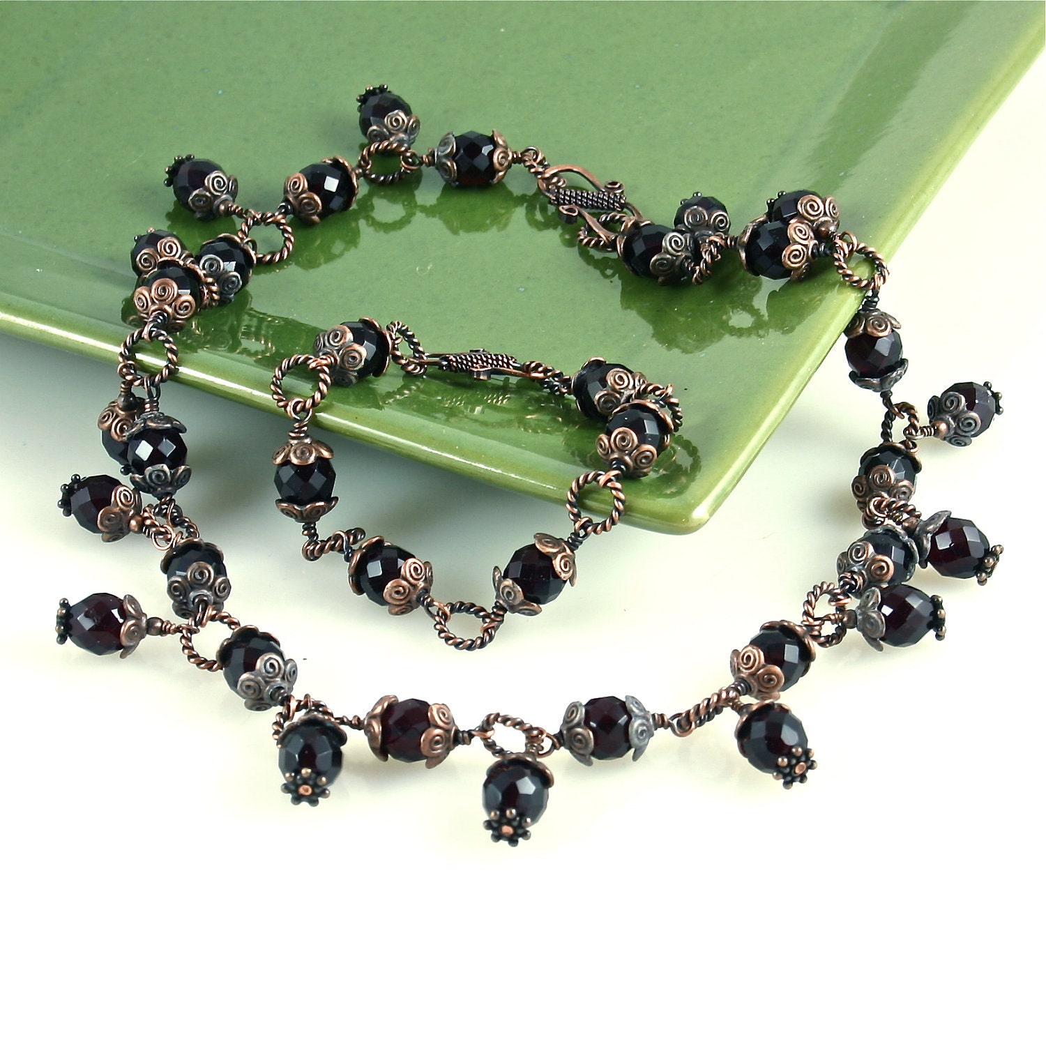 Copper Wirework Necklace Bracelet Convertible, Beaded, Garnet